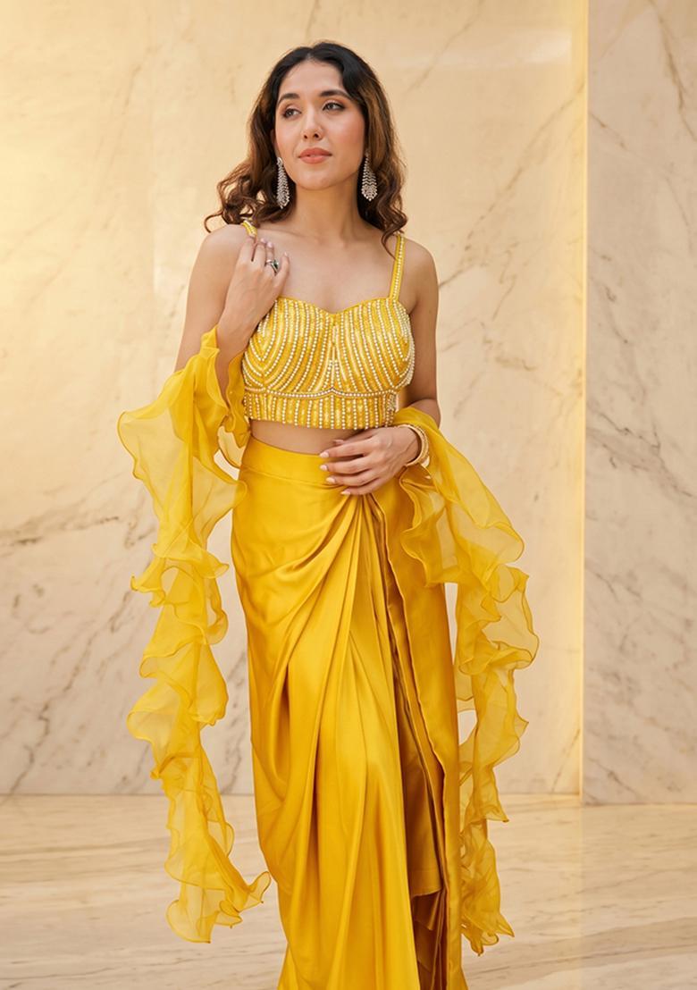 Mustard Embroidered Handwork Fusion Set - Indya