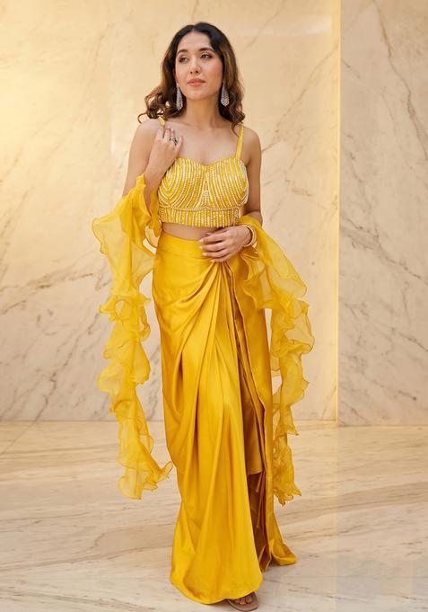 Mustard Embroidered Handwork Fusion Set