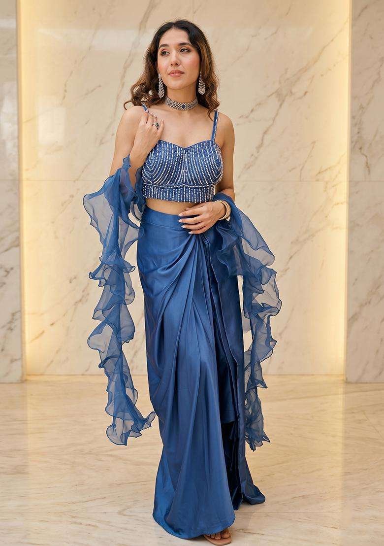 Royal Blue Embroidered Handwork Fusion Set - Indya