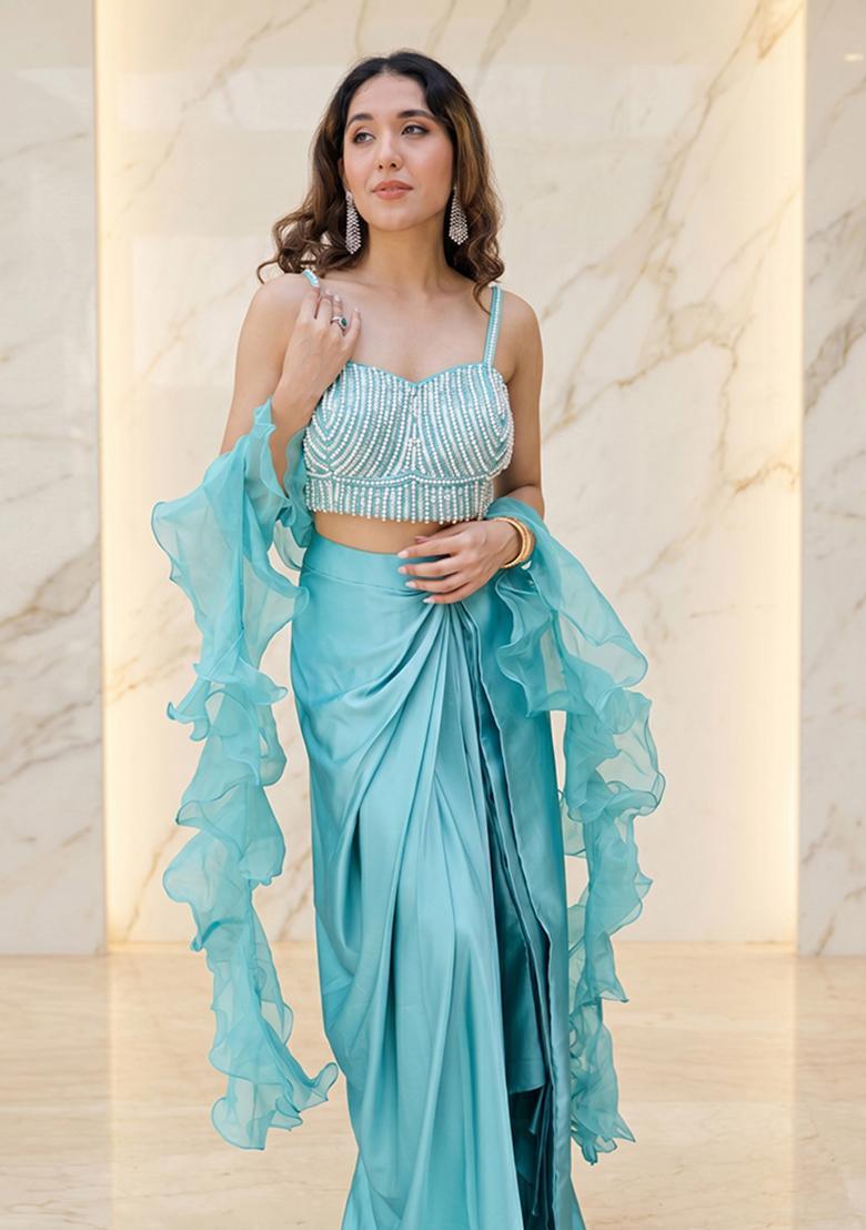 Teal Embroidered Handwork Fusion Set - Indya