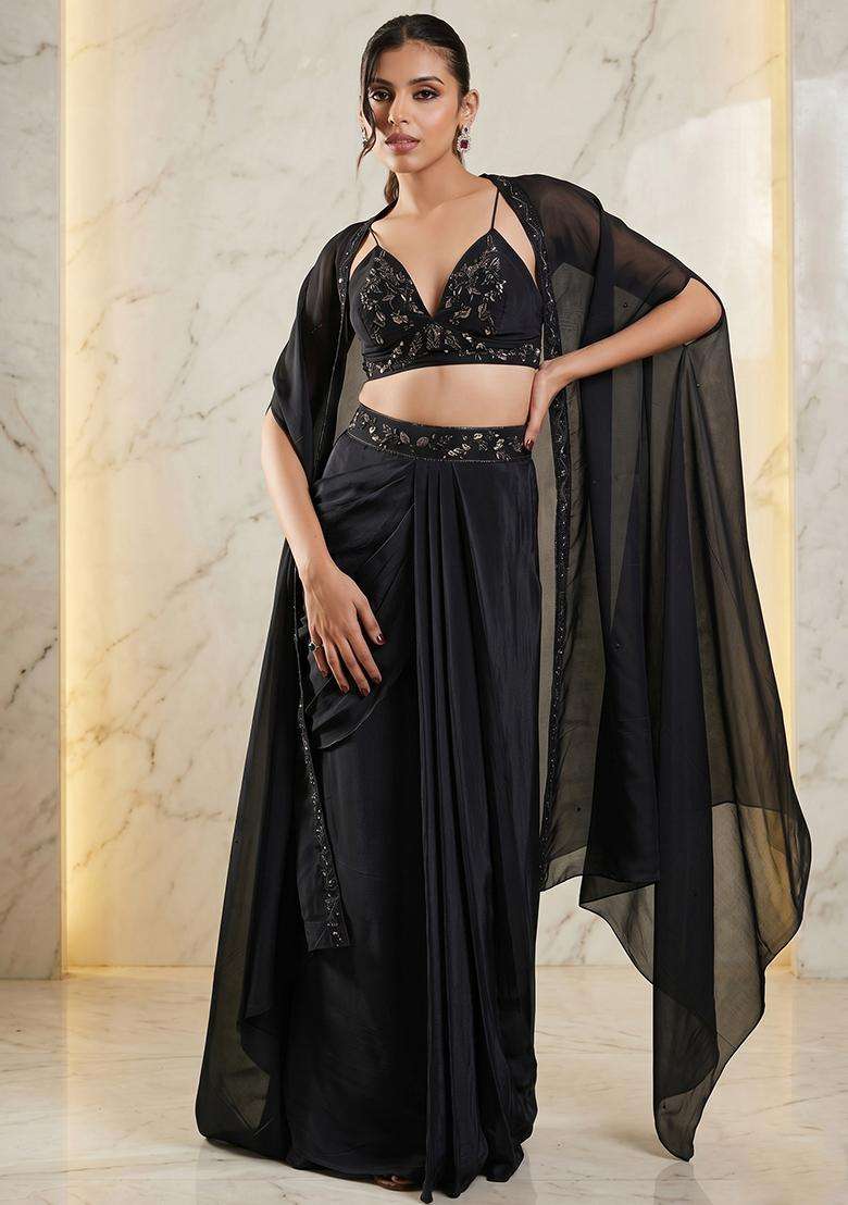 Black Embroidered Handwork Fusion Set - Indya
