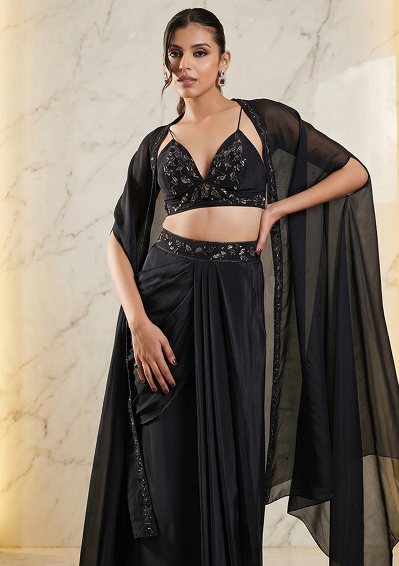 Black Embroidered Handwork Fusion Set - Indya