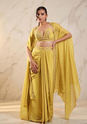 Mustard Embroidered Handwork Fusion Set