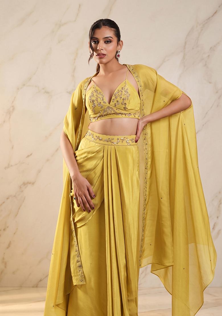 Mustard Embroidered Handwork Fusion Set - Indya
