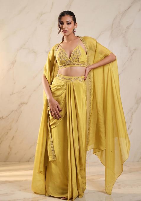 Mustard Embroidered Handwork Fusion Set