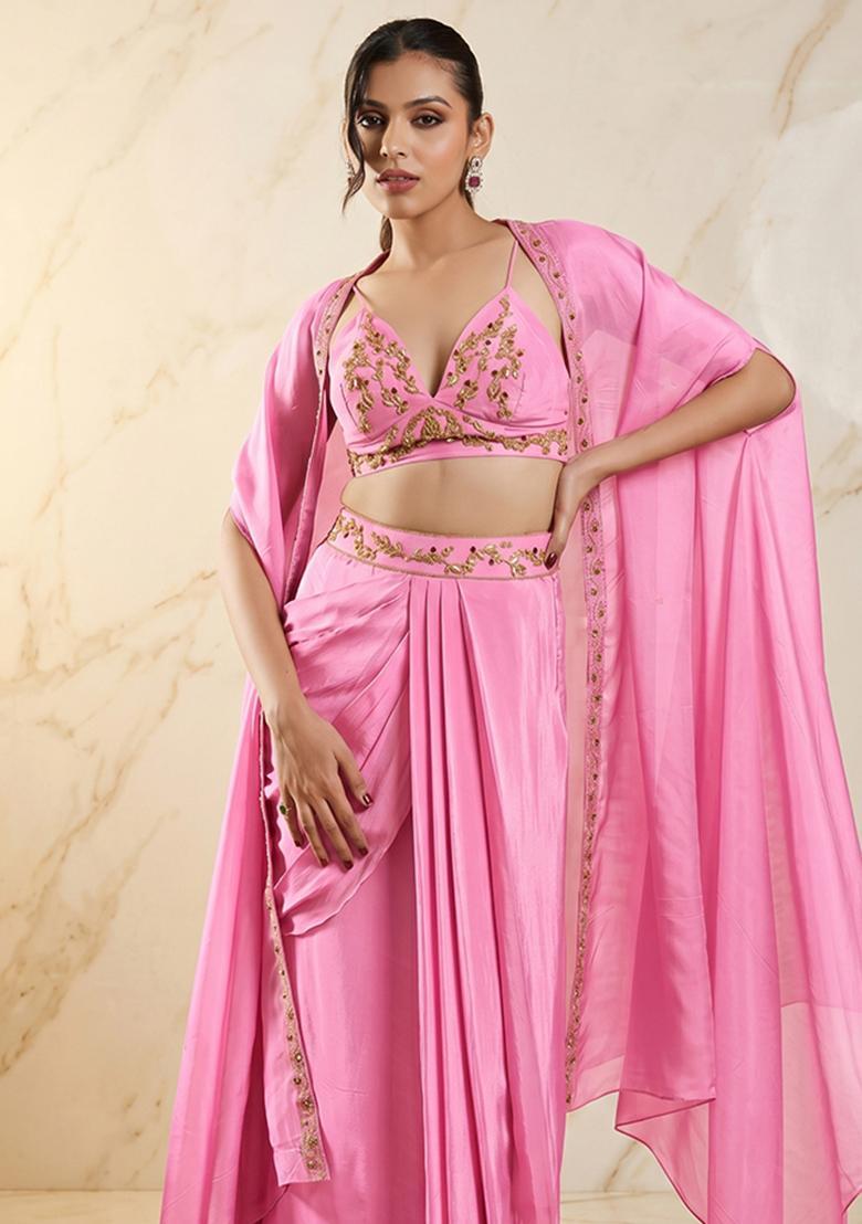 Pink Embroidered Handwork Fusion Set - Indya