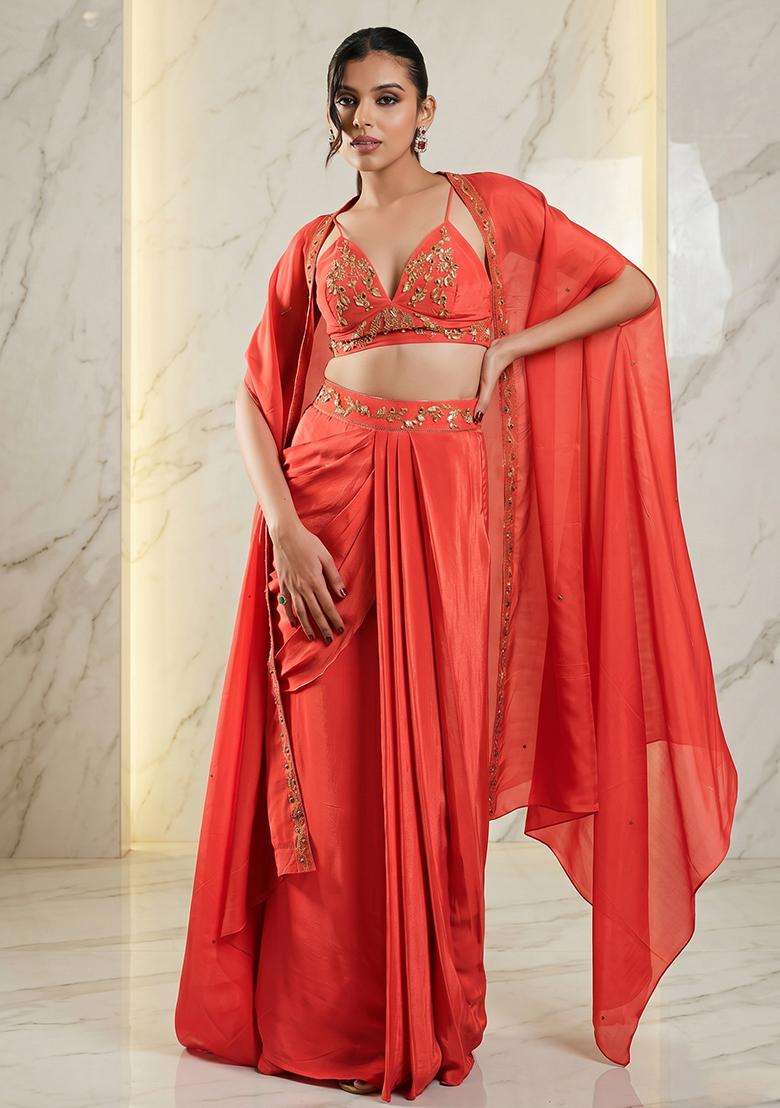 Coral Embroidered Handwork Fusion Set - Indya