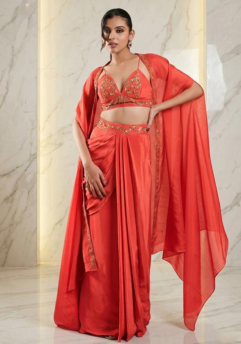 Coral Embroidered Handwork Fusion Set
