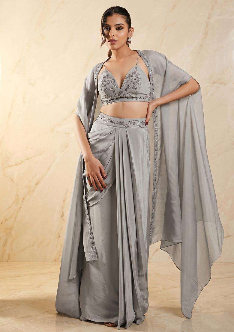 Grey Embroidered Handwork Fusion Set - Indya