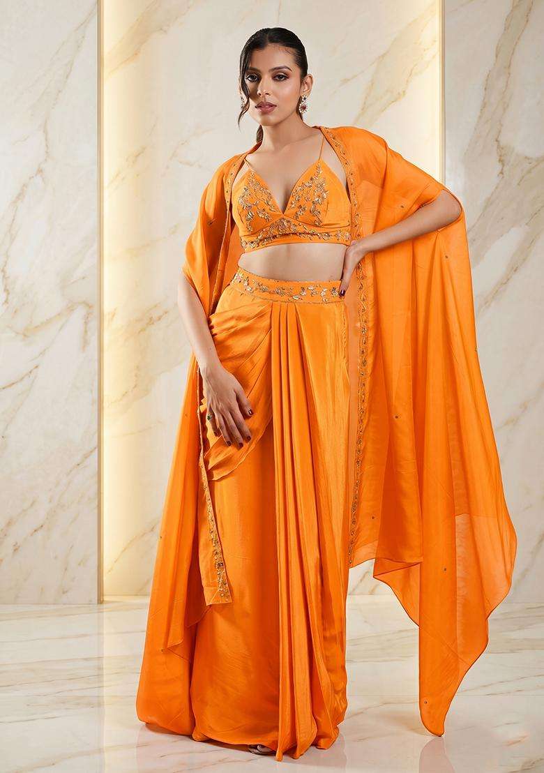 Orange Embroidered Handwork Fusion Set - Indya