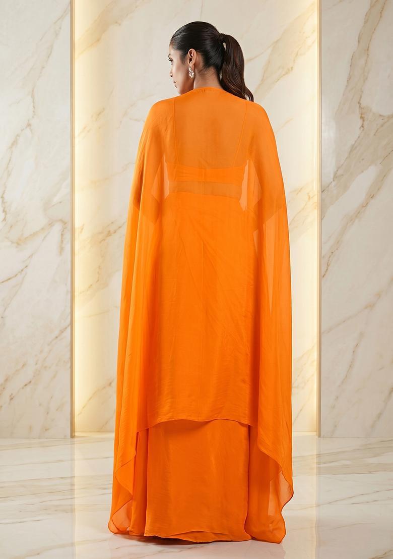 Orange Embroidered Handwork Fusion Set - Indya