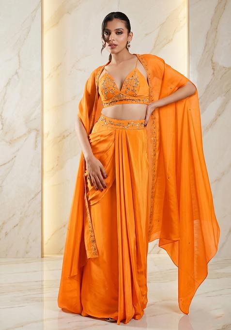 Orange Embroidered Handwork Fusion Set
