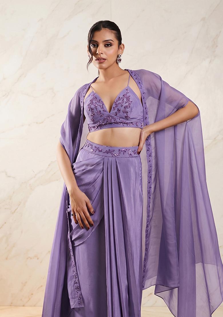 Lavender Embroidered Handwork Fusion Set - Indya