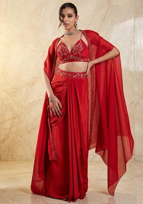 Red Embroidered Handwork Pre Draped Saree Set