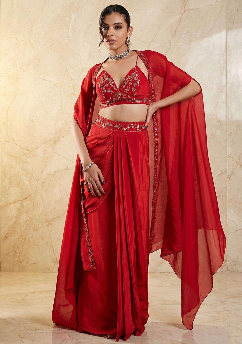 Red Embroidered Handwork Pre Draped Saree Set - Indya