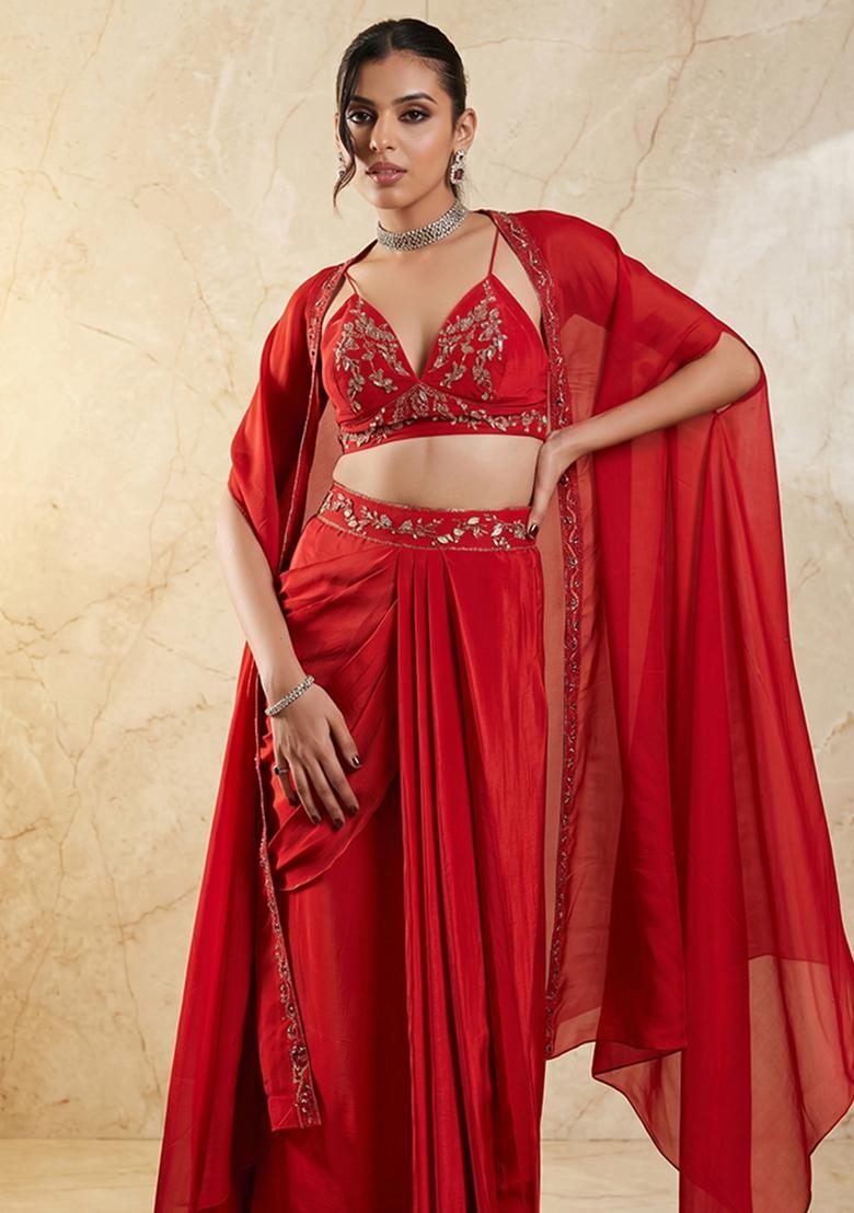 Red Embroidered Handwork Pre Draped Saree Set - Indya