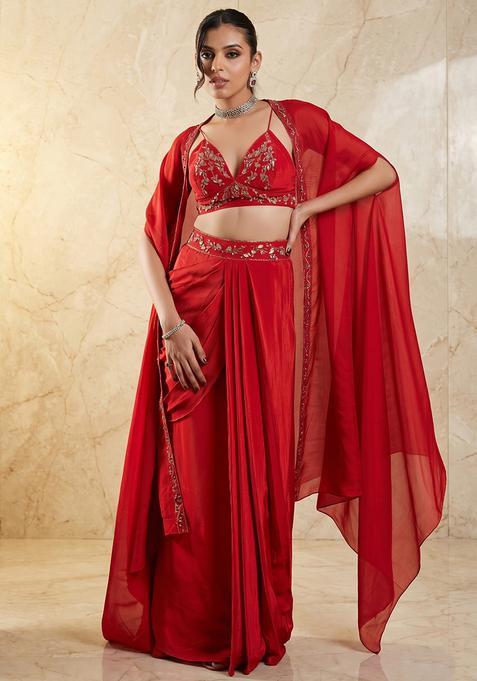 Red Embroidered Handwork Pre Draped Saree Set