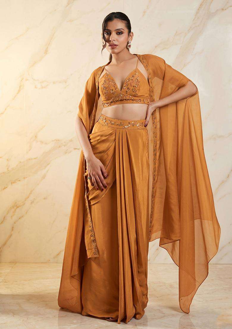 Mustard Embroidered Handwork Fusion Set - Indya