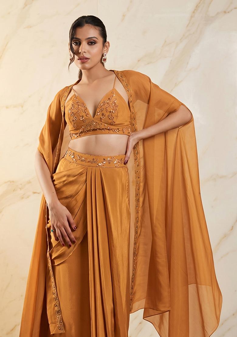 Mustard Embroidered Handwork Fusion Set - Indya