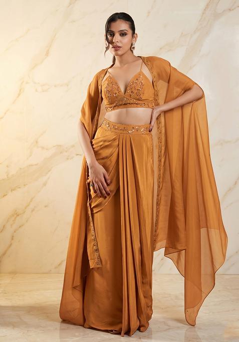 Mustard Embroidered Handwork Fusion Set