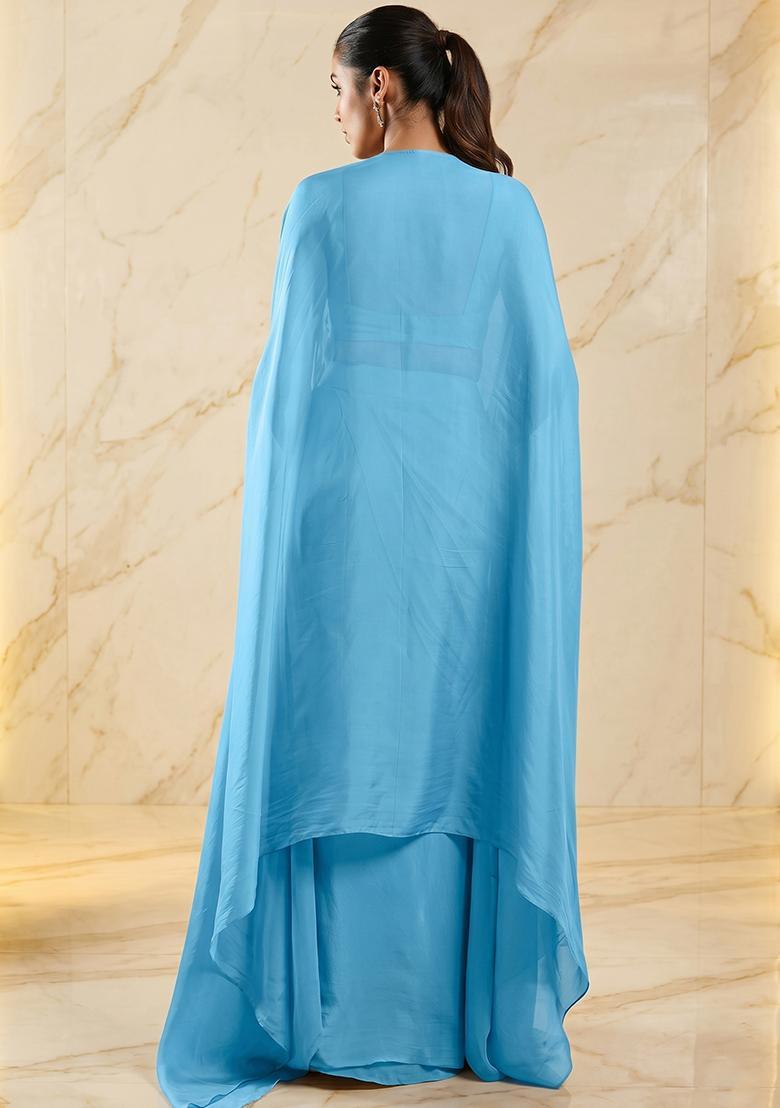 Sky Blue Embroidered Handwork Lehenga Set - Indya