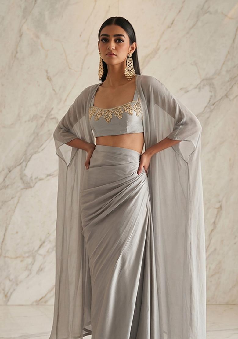 Grey Embroidered Handwork Fusion Set - Indya