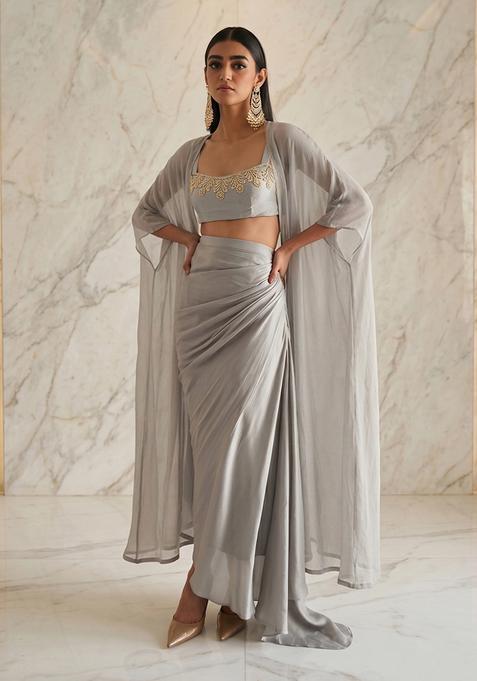 Grey Embroidered Handwork Fusion Set