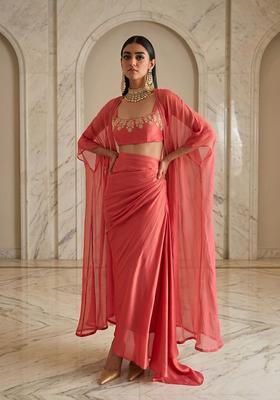 Coral Embroidered Handwork Lehenga Set
