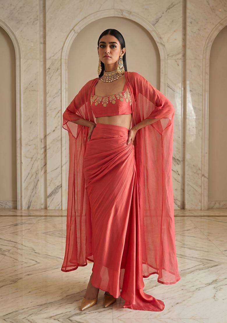 Coral Embroidered Handwork Lehenga Set - Indya