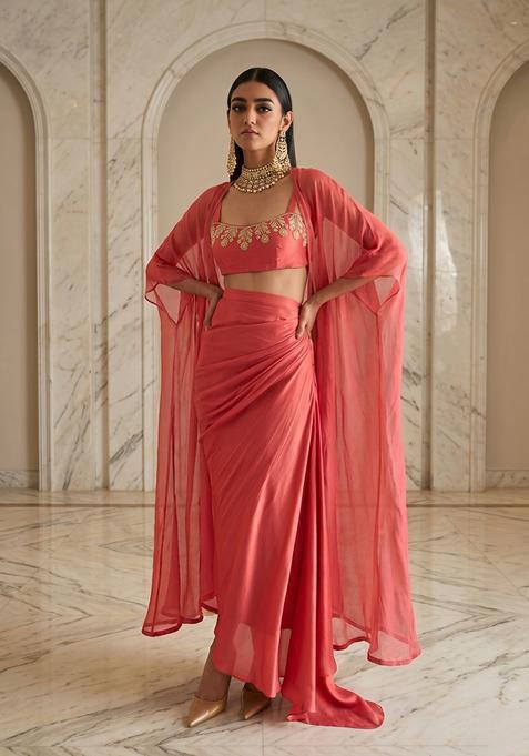 Coral Embroidered Handwork Lehenga Set