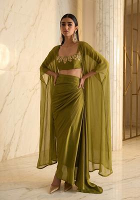 Olive Green Embroidered Handwork Fusion Set