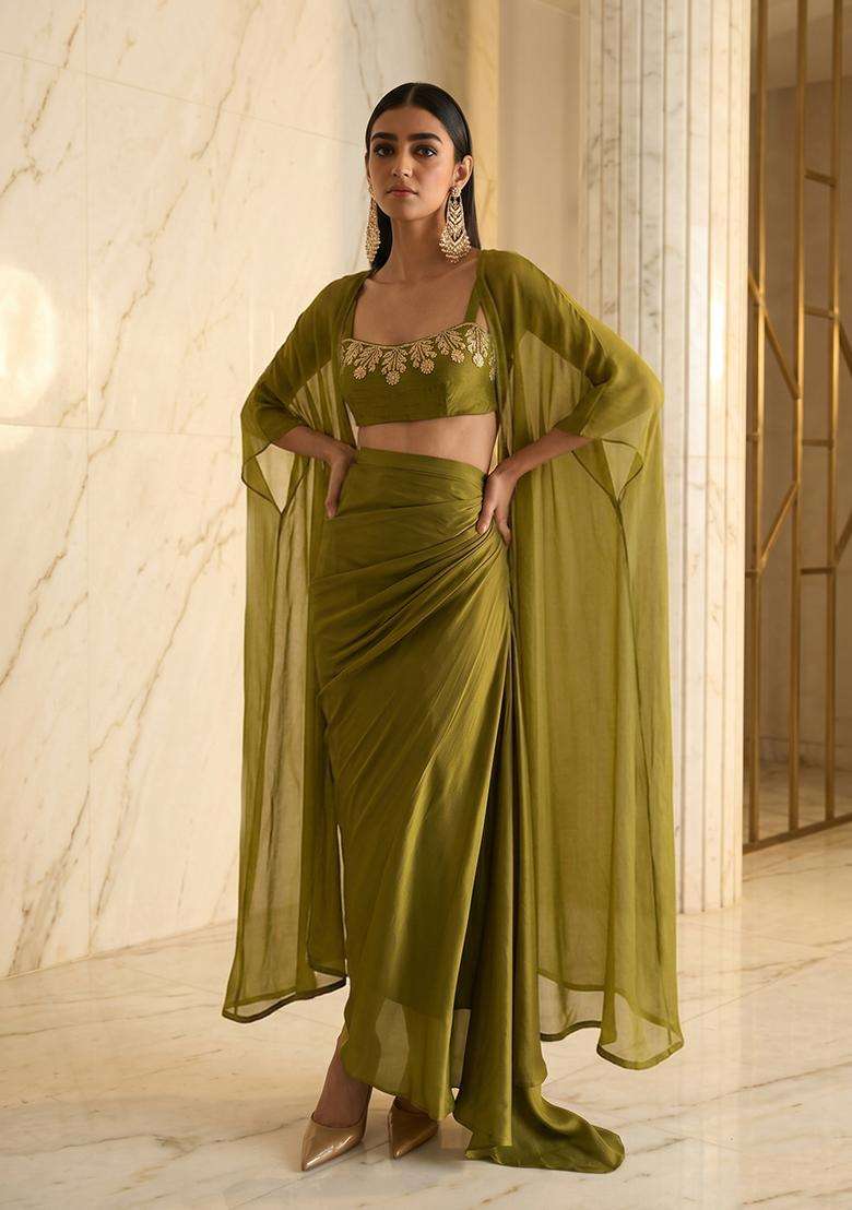 Olive Green Embroidered Handwork Fusion Set - Indya