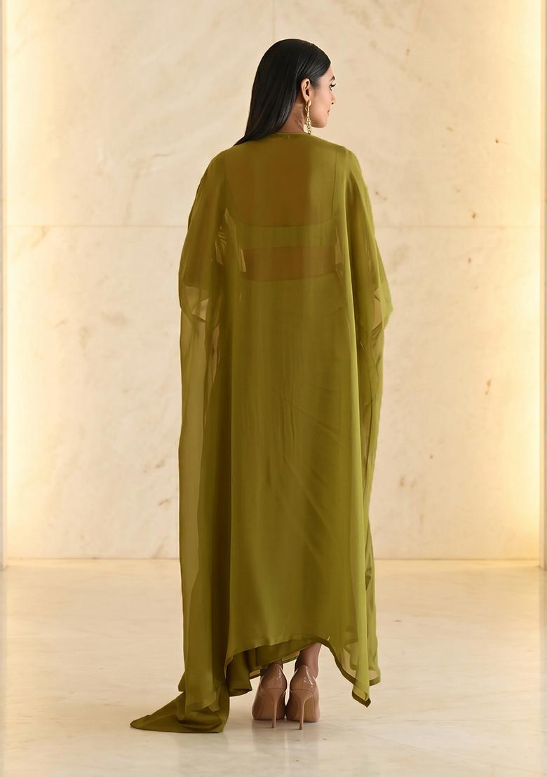 Olive Green Embroidered Handwork Fusion Set - Indya