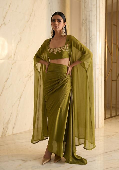 Olive Green Embroidered Handwork Fusion Set