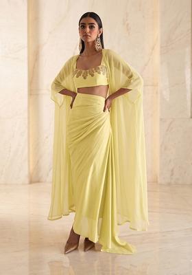 Lemon Yellow Embroidered Handwork Fusion Set