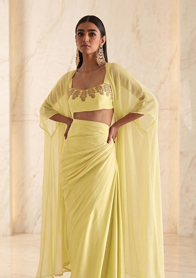 Lemon Yellow Embroidered Handwork Fusion Set - Indya