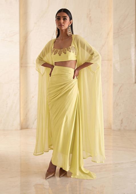 Lemon Yellow Embroidered Handwork Fusion Set