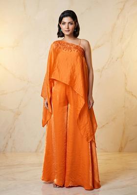 Orange Embroidered Handwork Fusion Set