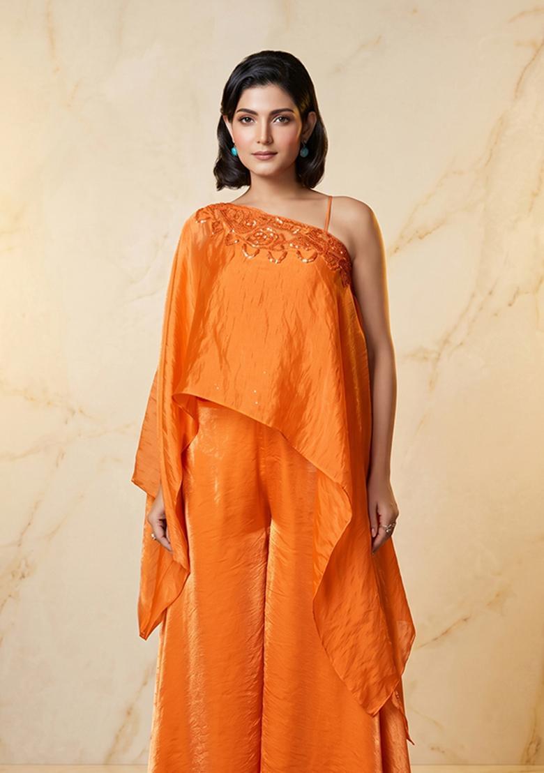 Orange Embroidered Handwork Fusion Set - Indya