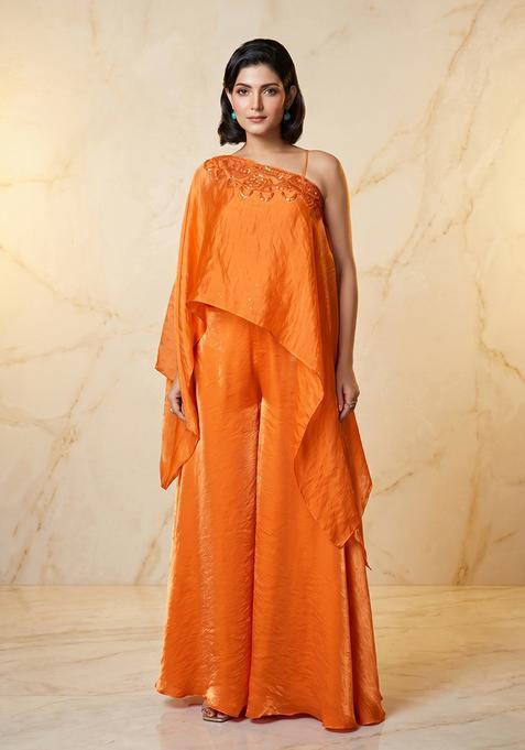 Orange Embroidered Handwork Fusion Set