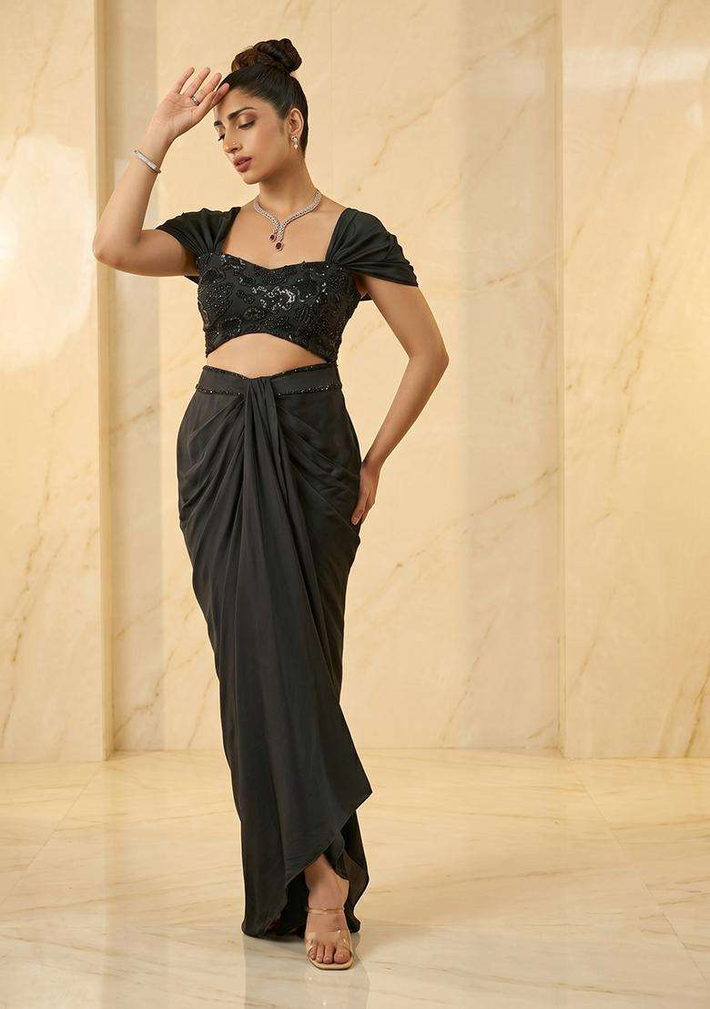Black Embroidered Handwork Pre Draped Saree Set - Indya