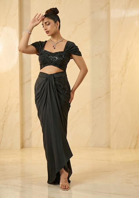 Black Embroidered Handwork Pre Draped Saree Set