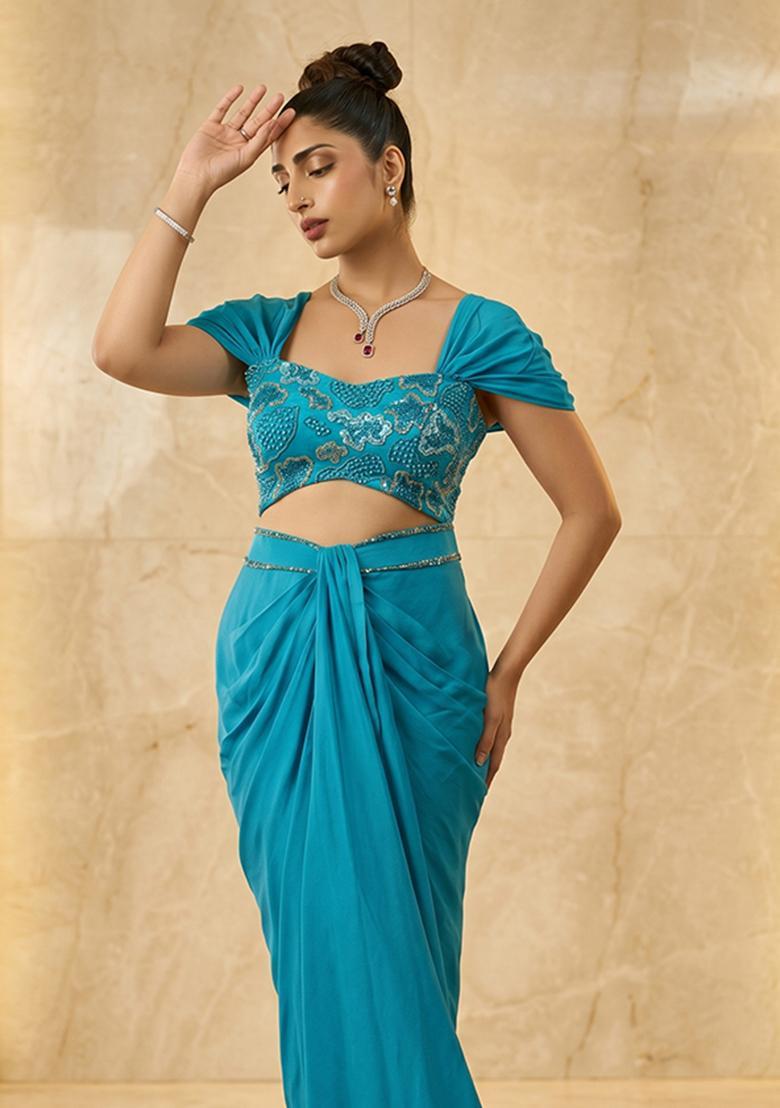 Teal Embroidered Handwork Fusion Set - Indya