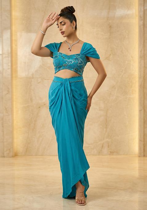 Teal Embroidered Handwork Fusion Set