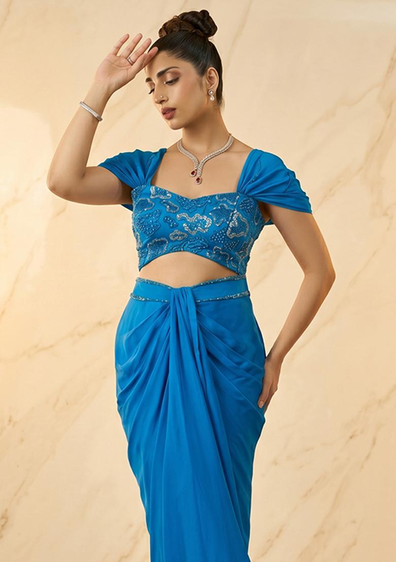 Royal Blue Embroidered Handwork Fusion Set - Indya