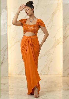 Orange Embroidered Handwork Fusion Set