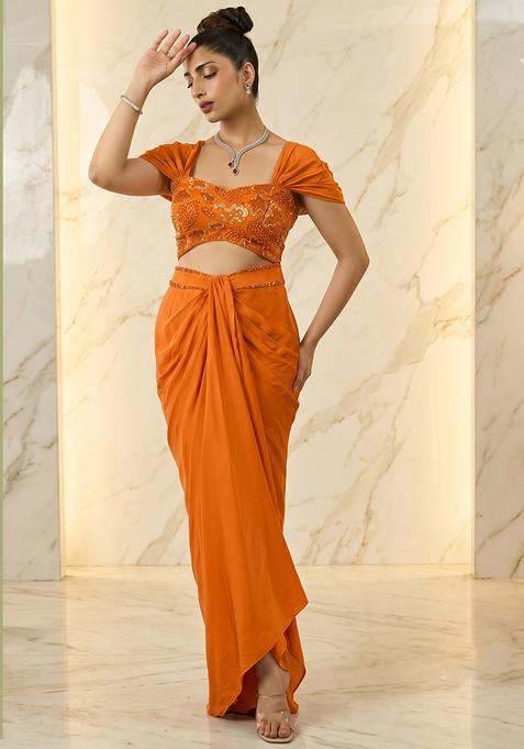Orange Embroidered Handwork Fusion Set