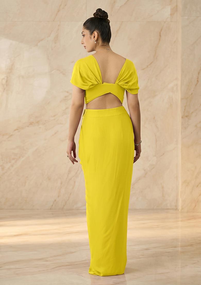Yellow Embroidered Handwork Fusion Set - Indya