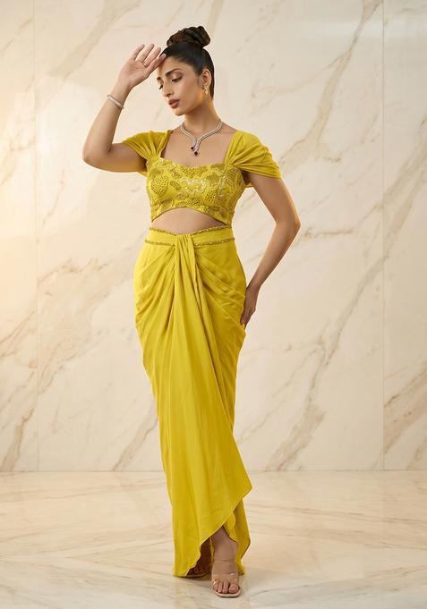 Yellow Embroidered Handwork Fusion Set