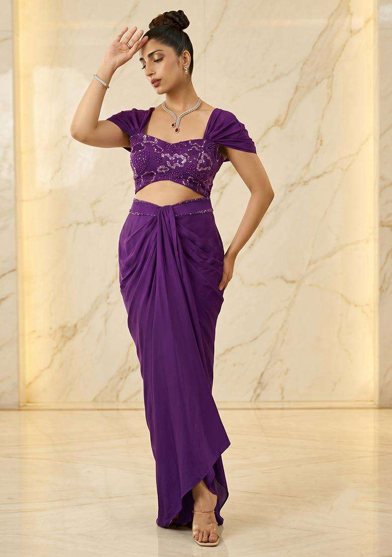 Purple Embroidered Handwork Fusion Set - Indya